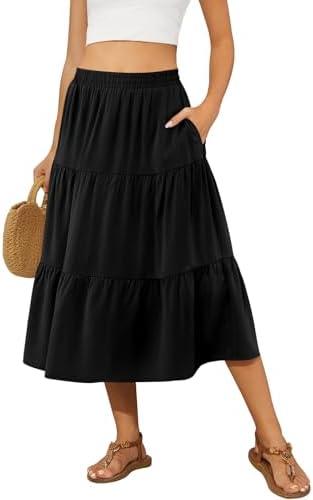 DouBCQ Women's Midi Skirt Elastic High Waist Casual Tiered A-Line Flowy Ruffle Skirts with Pockets, M