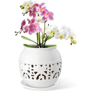 EFISPSS Orchid Pot with Holes, 6 Inch Ceramic Orchid Pot with Drainage and Tray, Promoting Air Circulation and Drainage, Indoor/Outdoor Flower Pots - White