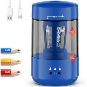 Electric Pencil Sharpener for Classroom, Fully Automatic Pencil Sharpener for 6-8mm Pencils & Colored Pencils, Auto in & Out, Type-C Rechargeable Pencil Sharpeners for Home, School, Office, Blue