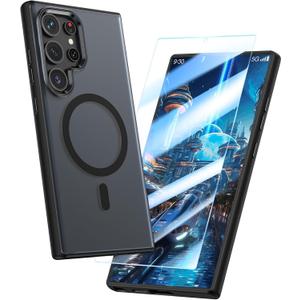 MILPROX Magnetic Case for Samsung Galaxy S24 Ultra, Free Screen Protector Compatible with MagSafe Metal Frame Lens & Button Translucent Matte Back Protective Phone Cover (Black)