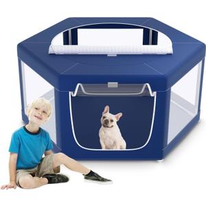 45x45 Inches Hexagonal Type Puppy Playpen, Dog Playpen for Puppies or Small Dogs, DogFence Pet Playpen for Indoor & Outdoor, Sturdy Safety Dog Pen with Thickened Fabric, Breathable Mesh (Blue)