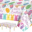 2 Pcs Happy Easter Table Cloth - Plastic Bunny Eggs Tablecloth, Disposable Rectangle Spring Floral Table Cover for Easter Home Dining Kitchen Activity Party Decorations Tables Decor, 108 x 54 Inch