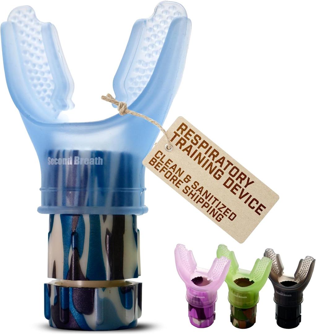 Second Breath Respiratory Trainer | Made with High Grade Silicone | Premium Lung Exerciser in Four Exotic Colors | Breathe Easier with Stronger Lungs | Portable & Easy to Clean (Blue Camo)