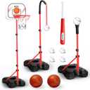 3-In-1 Kids Basketball Hoop and T Ball Set for Age 3-5 6-8, Adjustable Toddler Basketball Hoop, Hanging Tee Ball for Outdoor, Birthday Christmas Sport Toys Gift for Boys Girls 3 4 5 6 7 8 Year Olds