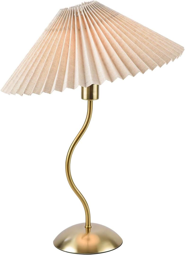 KUNJOULAM Small Pleated Table Lamp, Bedside Nightstand Lamp with Beige Lampshade, Morden Mini Lamp for Bedroom Home Office Decor, E12 Bulb Included (Copper)