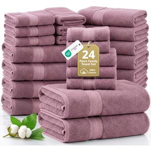 LANE LINEN Bathroom Towels Set - 24 PCs - 100% Ring Spun Cotton - Quick Dry, Soft & Absorbent - 4 Bath, 4 Fingertip, 6 Hand Towel, 8 Washcloths, 2 Bath Sheets - Towels for Regular Use - Wistful Mauve (11: Wishful Mauve)