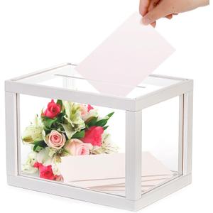 yarlung Clear Acrylic Wedding Card Box, White Wooden Card Box for Party Reception, Thick Money Box Gift Card Holder for Election Ballot, Baby Shower Birthday Graduation