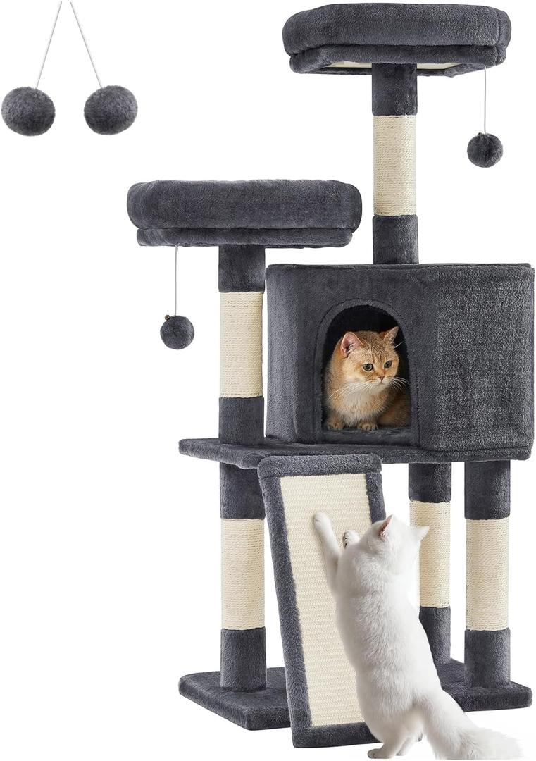 Feandrea Cat Tower, Cat Tree for Indoor Cats, 45.3-Inch Cat Condo with Scratching Post, Ramp, Perch, Spacious Cat Cave, for Kittens, Elderly Cats, Adult Cats, Small Space, Smoky Gray UPCT141G01