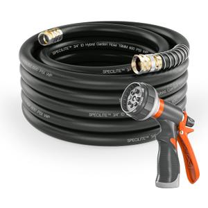 SPECILITE Garden Water Hose 75 ft x 3/4 in Heavy Duty, Flexible and Lightweight, Burst 600 psi, Kink-less Hybrid Rubber Pipe for Backyard, 3/4'' Brass Fittings, Black