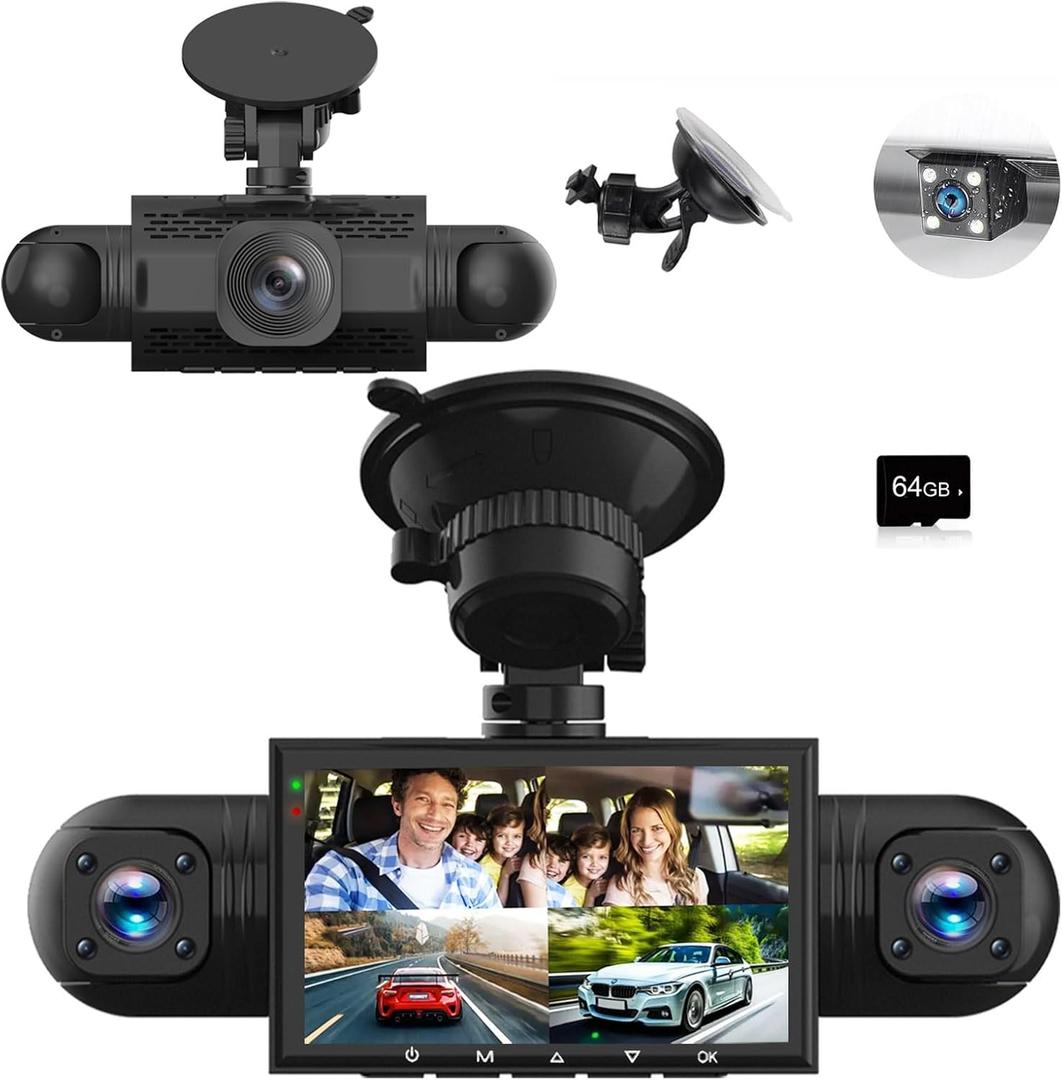 360 Degree View 4 Channel Dash Cam Front and Rear Inside Left Right, Dash Camera for Cars, 1080P Full HD 170 Deg Wide Angle Dashboard Camera with 64GB Card,G-Sensor,Loop RecordingNight Vision Black