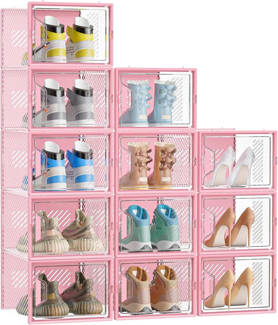 Shoe Storage, 12 Pack X-Large Shoe Organizer for Closet, Shoe Boxes Clear Plastic Stackable Shoe Storage Boxes for Size 13 (Pink)