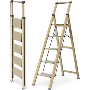 WOA WOA 5 Step Ladder, Ladders for Home, Anti-Slip Pedals, Aluminum Step Stool Foldable, Lightweight to Move, Ease of Storage, Reach 10ft for Closet Kitchen Library, Hold 300lbs - Gold