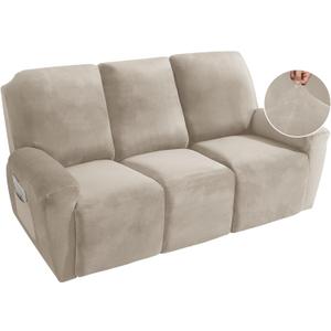 MAXIJIN 8 Pieces Recliner Sofa Covers, Stretch Velvet Reclining Couch Covers for 3 Cushion Furniture Covers, Thick, Soft, Washable Reclining Sofa Slipcovers (Sofa Recliner, Khaki)