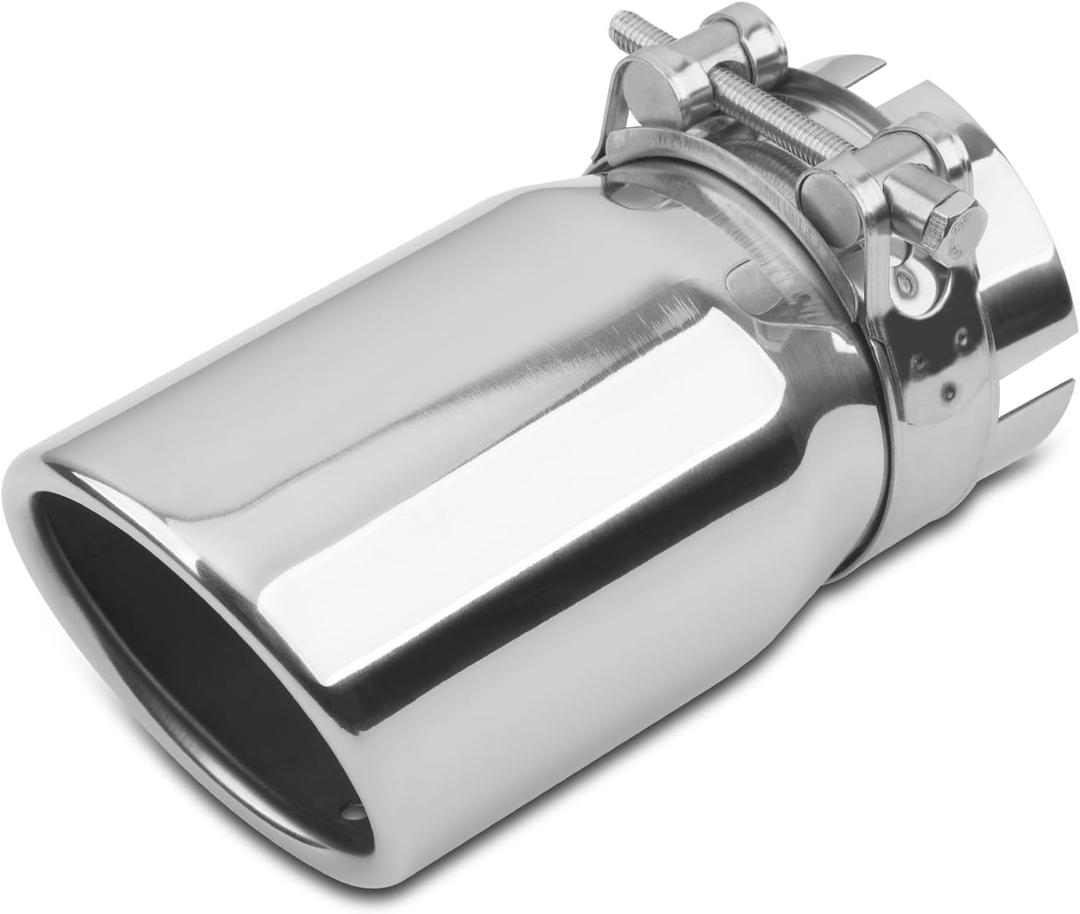Vurkcy 2.5 inch Inlet Exhaust Tip, 3" Outlet 6" Overall Length Stainless Steel Exhaust Tail Pipe, Clamp-On, Rolled Edge, Slant Sleek Angle Cut, Polished Tailpipe, Silvery
