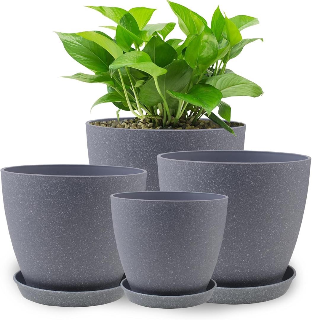 Plant Pots- 8.5/7.5/6.5/6 Inches 4 Pack Plastic Plant Pots,Indoor Decor Flower Pots with Drainage Holes and Tray,Home Decor Planters for Indoor Plants Cactus, Succulents Pot(Gray)