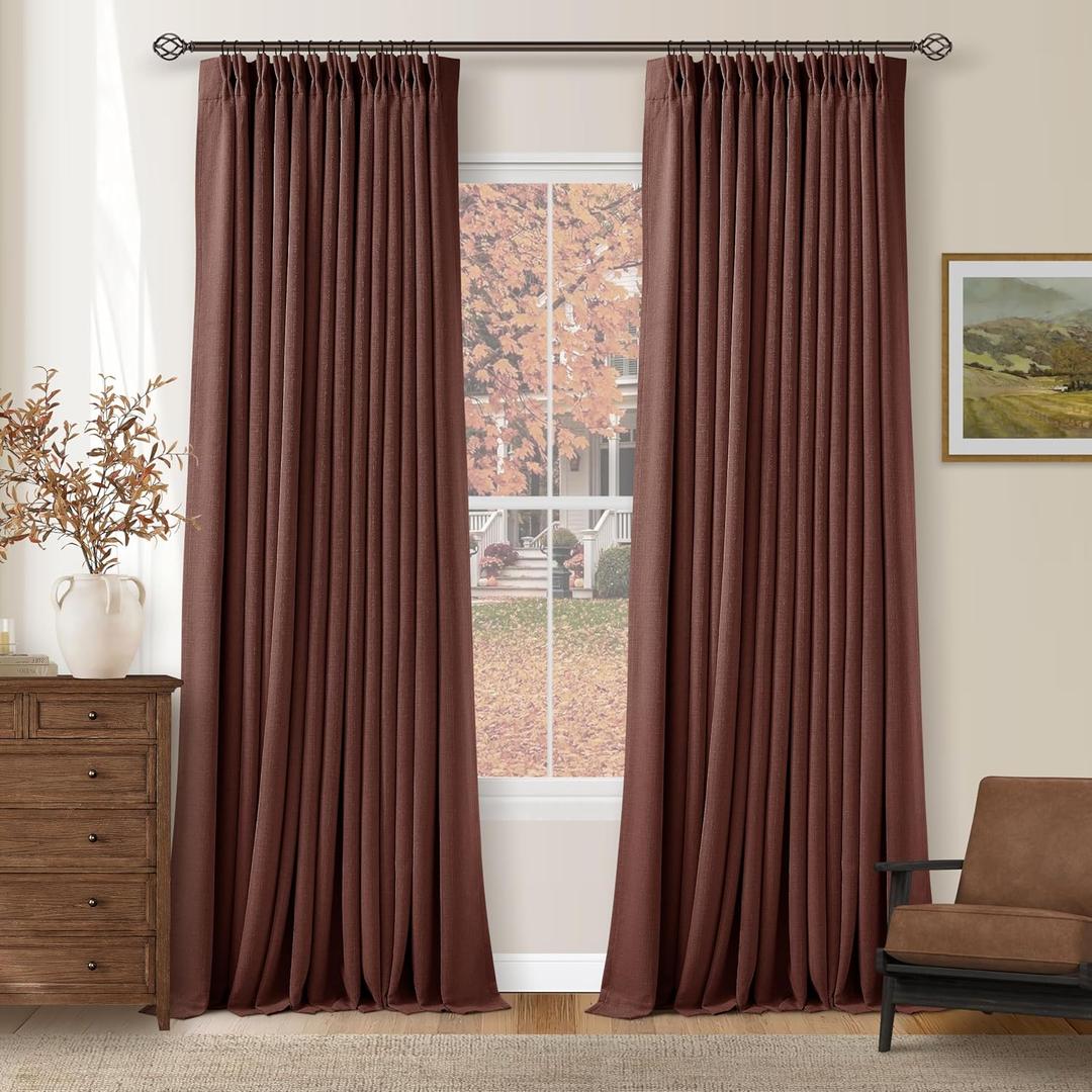 Brick Brown Pinch Pleated Blackout Linen Curtains 120 Inches Long for Living Room Bedroom 2 Panels Room Darkening Thermal Insulated Red Chestnut Country Farmhouse 100% Black Out Window Curtain Drapes