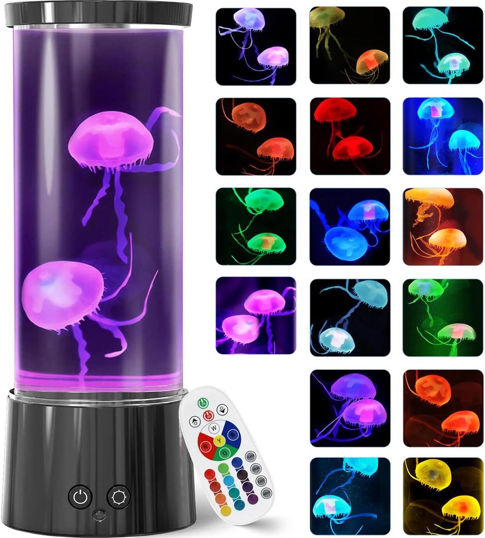 FBSPORT Jellyfish Lamp, Jellyfish Night Aquarium Tank Night Light 17 Color Changing with Remote Control for Kids Adults Home Office Decor Table Lamp Gifts for Christmas(Black, 8.6 inch)