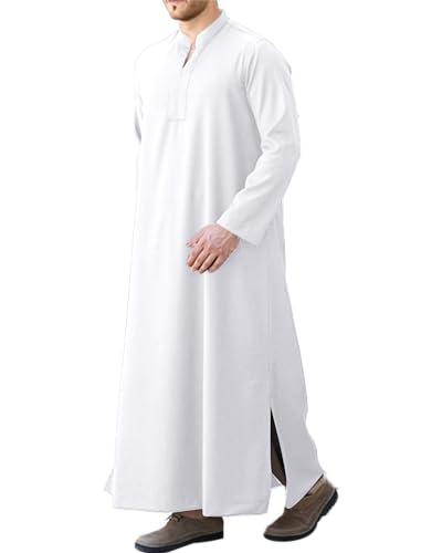 LVCBL Thobe for Men White Long Sleeve Kaftan for Men V Neck Muslim Kaftan,White,XL