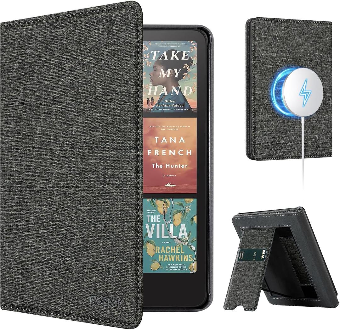 CoBak Stand Case for 7" Kindle Paperwhite 12th Gen 2024 and Kindle Colorsoft with Hand Strap - Compatible with iPhone MagSafe, for Samsung/Belkin/Anker Wireless Charging Pads, Durable, Auto Sleep Wake (*Gray)