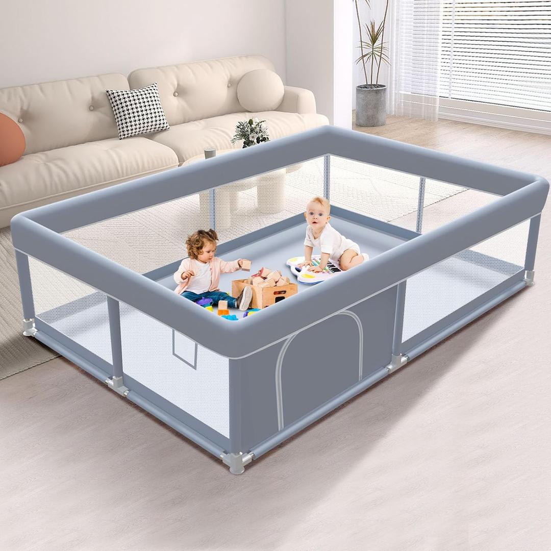 65 x 50 Inch Baby Playpen, Playpen for Babies and Toddlers, Baby Play Pen Playard for Indoor & Outdoor Active Center Game Fence, with Skin-Friendly Fabric and Soft Breathable Mesh, Grey (65 x  50 Inch)