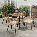 DWVO 5 Piece Patio Dining Sets, Outdoor Dining Furniture Set with 2" Umbrella Hole, Wicker Rattan Round Table and Chairs Set with Comfortable Cushions for Patio, Balcony, Backyard, Beige