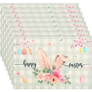8 Pcs Happy Easter Placemats Set, Spring Floral Bunny Place Mats Farmhouse Table Mats Decor for Home Decorations Indoor, 12 x 18 Inches