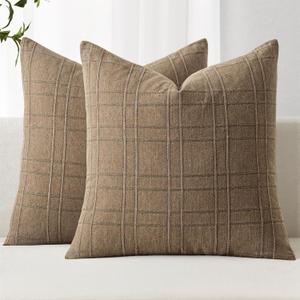 Decorative Linen Check Throw Pillow Covers Neutral Farmhouse Vintage Pillow Covers 20x20 Set of 2 Boho Modern Winter Home Decor for Sofa Couch Bedroom Cushion Light Brown