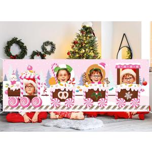 Pink Gingerbread Train Photo Props Large Christmas Train Shaped Backdrop Banner Xmas Gingerbread Party Decorations for Winter Holiday Festival Photo Booth Background Home Class Decor Party Supplies
