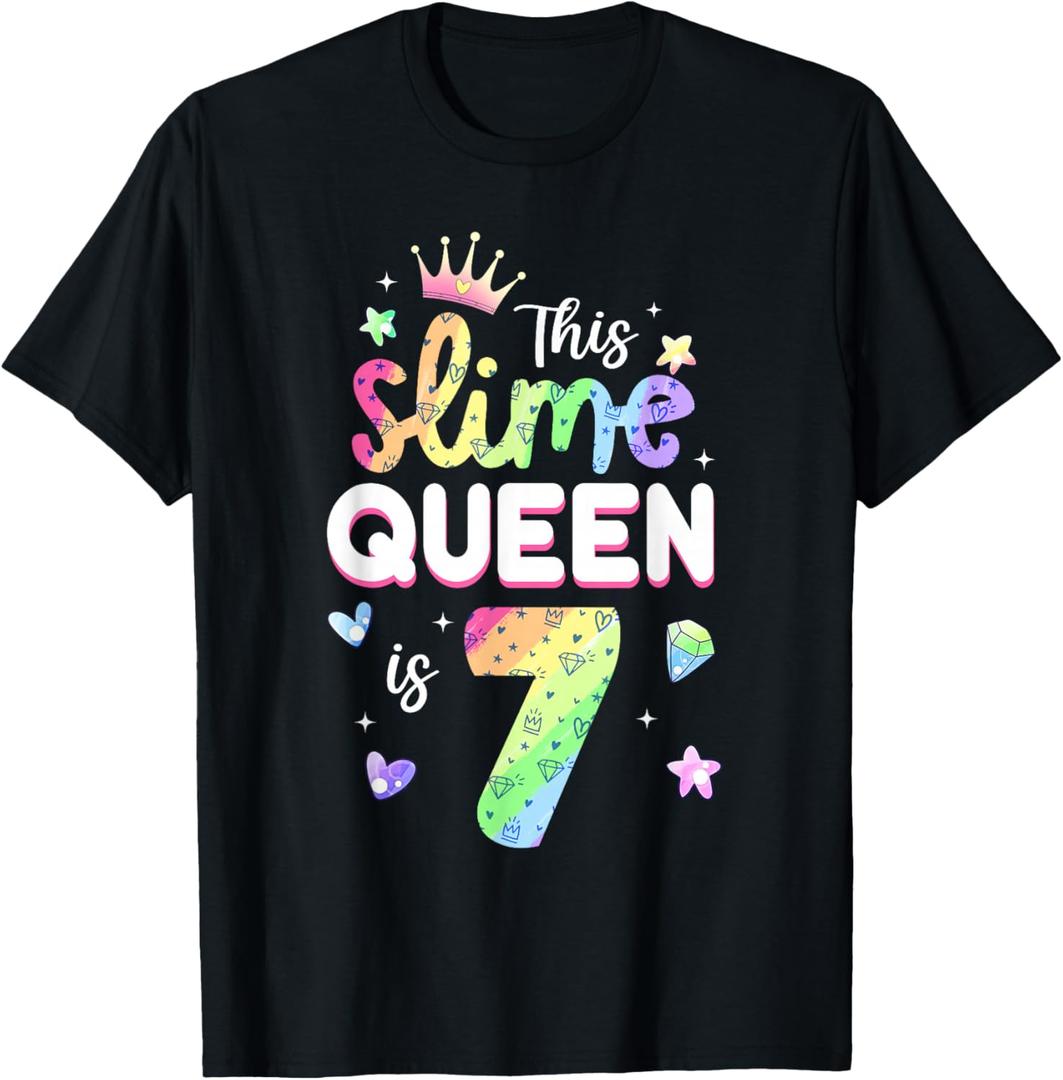 This Slime Queen is 7 Year Old 7th Birthday Shirt for Girls T-Shirt (Black, L)
