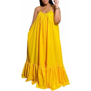 Womens Sexy Sleeveless Spaghetti Strap Dress Ruched Ruffle Hem Beach Loose Long Maxi Swing Dress 4X-Large, Yellow