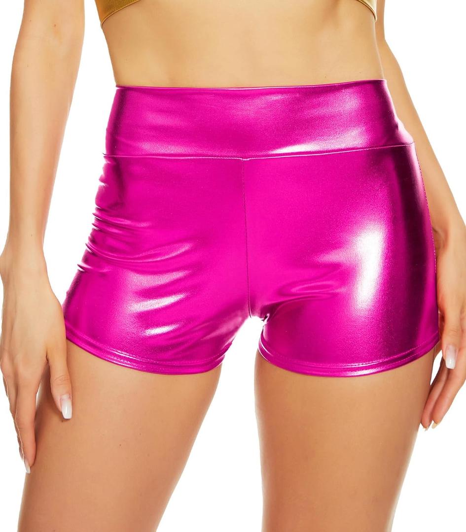 Women's Metallic Booty Shorts Shiny High Waisted Rave Bottoms for Dance Festival (Large, Hot Pink)