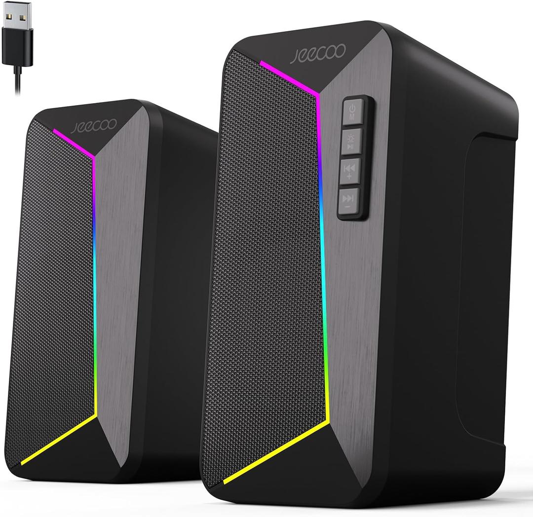 Jeecoo M30 Bluetooth Computer Speakers, PC Gaming Speakers for Desktop with Crisp Stereo Sound, Dynamic LED Modes, Easy-Access Control, 10W - USB-Powered (Black)