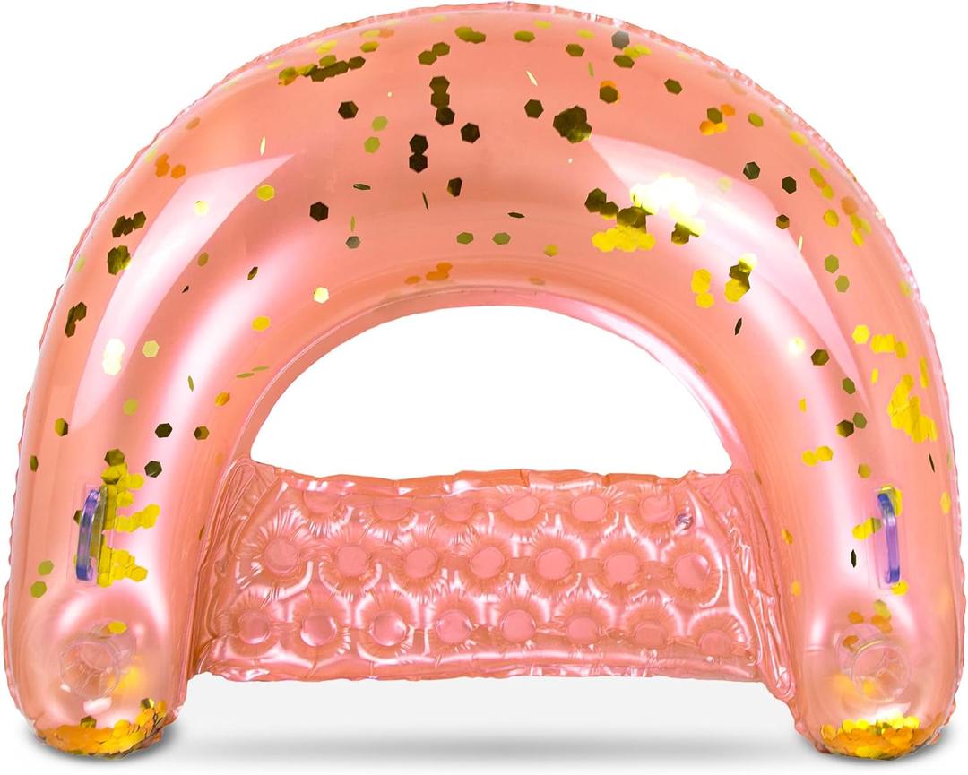 POZA Inflatable Pool Float Chair - Luxurious Lounger Filled with Sparkle Confetti, 2 Built in Cup Holders & Handles, Water Floating Chair for Beach, Lake & Swimming Pool - 48 x 38 Inch (Rose Gold)