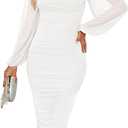 ZESICA Women's 2024 Sexy Ruched Bodycon Midi Dress Long Puff Sleeve Square Neck Backless Cocktail Party Wedding Dresses, White, X-Large
