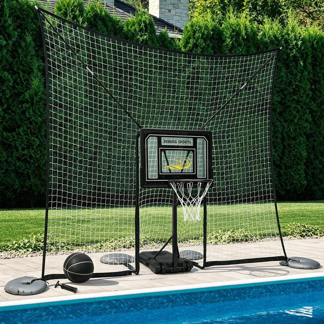 Deberg Pool Basketball Hoop with 10x8 FT Ball Backstop Height Adjustable Poolside Basketball Goal Set with Fillable Base, Includes Ball & Pump | Rust-Resistant | Easy Setup |