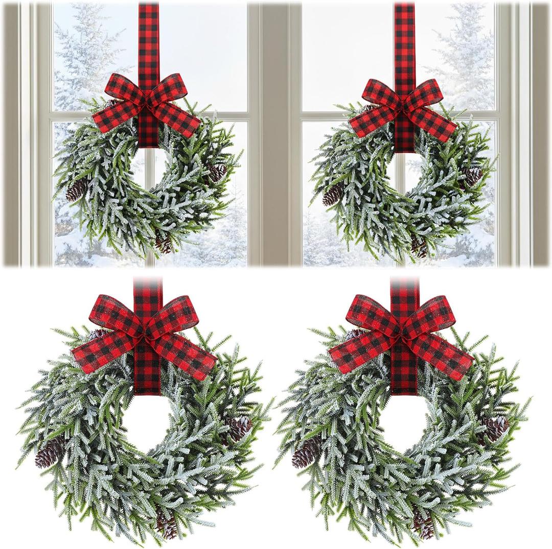 Yunlly 2 Pcs 13.8 Inch Christmas Window Wreaths with Buffalo Plaid Ribbon Artificial Frosted Cypress Wreaths with Pine Cones for Xmas Indoor Outdoor Front Door Kitchen Cabinet Decor
