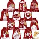 Mimind 24 Pack Christmas Linen Bags with Drawstrings - 7 x 5 Inch Burlap Gift Bags for Party Favor, 12 Designs, Wine Red
