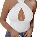 REORIA Butsmooth Women's Trendy Sexy Criss Cross Halter Neck Sleeveless Thong Bodysuits Tops Clubwear (White)
