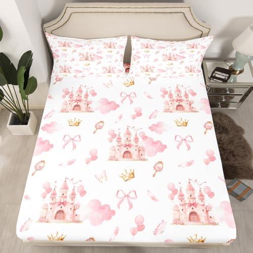 Kids Pink Castle Bedding Ser,  Cute Bowknot Bedding Set Boys Girls Girls Dreamy House Fitted Sheet Fairytale Teens Bedroom Decor Bed.