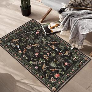 Washable Boho Entryway Rug 2' 3' Black Small Rug Floral Vintage Animal Door Mat Indoor Entrance Cheetah Deer Non-Slip Soft Oriental Colorful Carpet Kitchen Entryway Bedroom Corridors Indoor