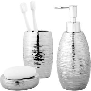 Navaris Silver Bathroom Accessory Set - Sleek Brushed Finish - Versatile and Functional Bathroom Accessories - Soap Dispenser, Toothbrush Holder, Soap Dish - Modern Bath Decor