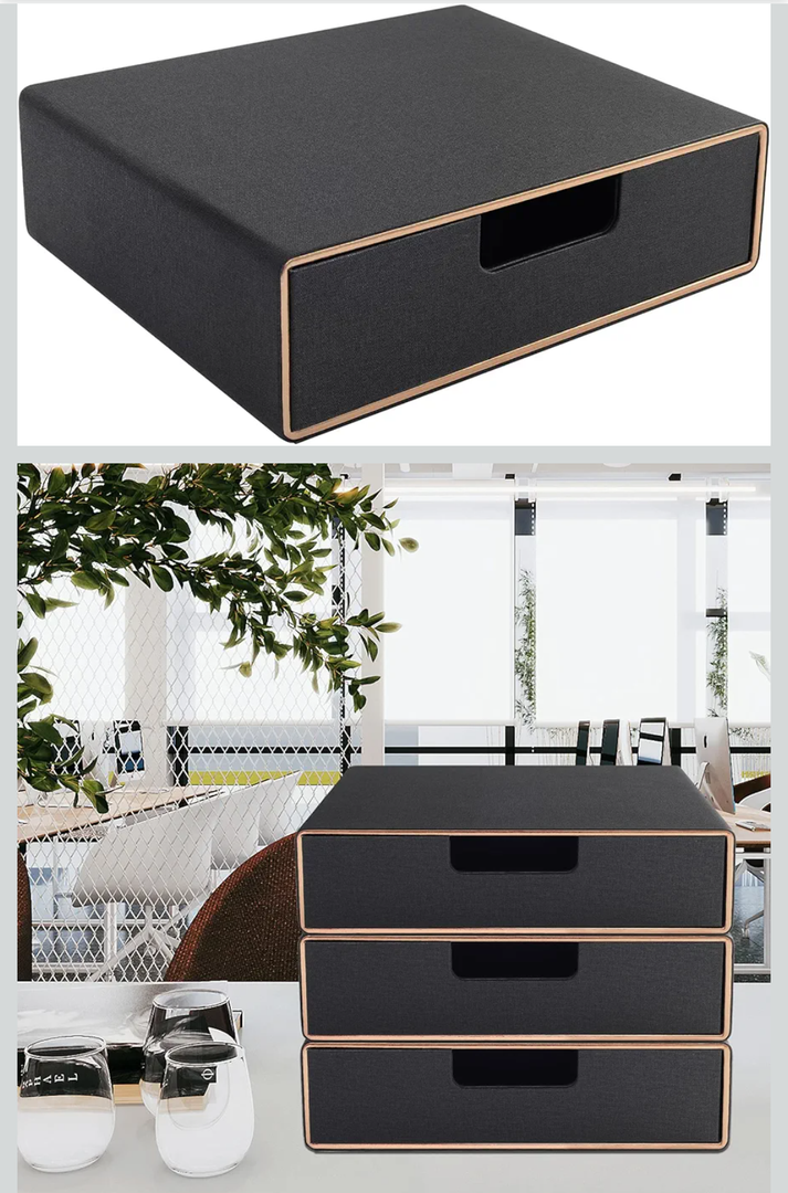 Stackable Organizer Drawer PU Leather Classic Handmade,Organize Home Office Desk Accessories and Sort Letter-Size Paper/a4 Document,Desk Caddy with Drawers Storage Box ,13.1x10x3.7inches,Black