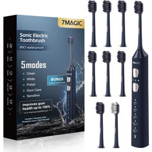 7MAGIC Sonic Electric Toothbrush for Adults and Kids  Up to 180 Days Runtime, 42000 VPM Powered Toothbrush, 5 Modes & 3 Intensities for Sensitive Teeth & Braces, Includes 8 Brush Heads, Navy Blue