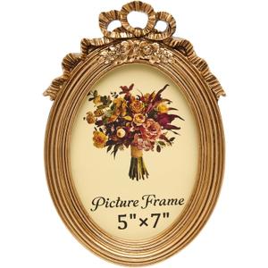 JANDERART Vintage Oval Picture Frame 5x7 Inch, Antique Ornate Photo Frames with Glass Front, Tabletop & Wall Hanging, Gold