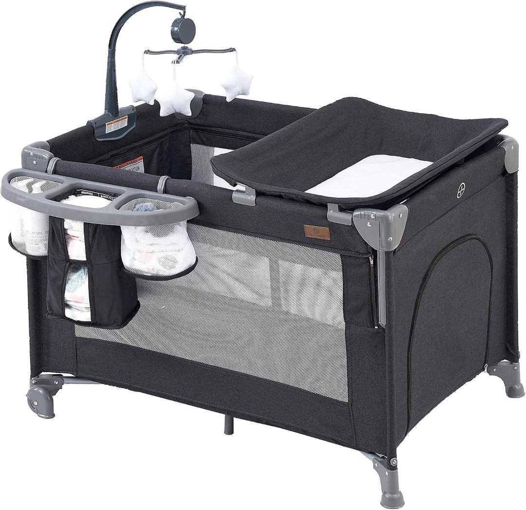 ACCOMBE 5 in 1 Baby Bedside Sleeper,Baby Pack and Play with Bassinet & Mattress,Portable Bedside Crib with Storage, Playard with Bassinet from Newborn to Toddlers(Dark Grey) (Light Gray)