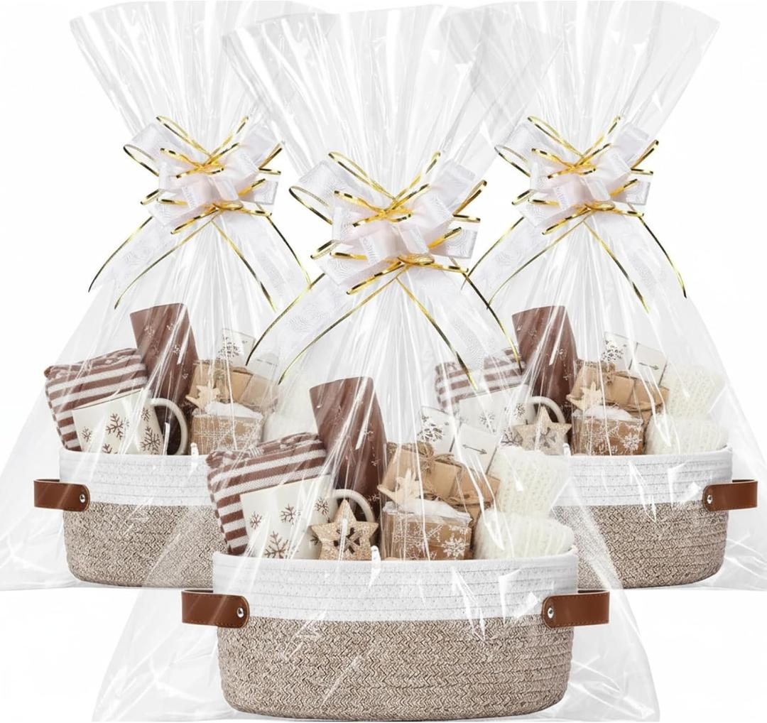 Colingmill 3 Pack Easter Small Woven Basket for Gifts with Handles Clear Bags and Ribbons Empty Storage Basket Decorative Chest Box for Easter Wedding Present (White and Khaki,12"x 8"x 5")
