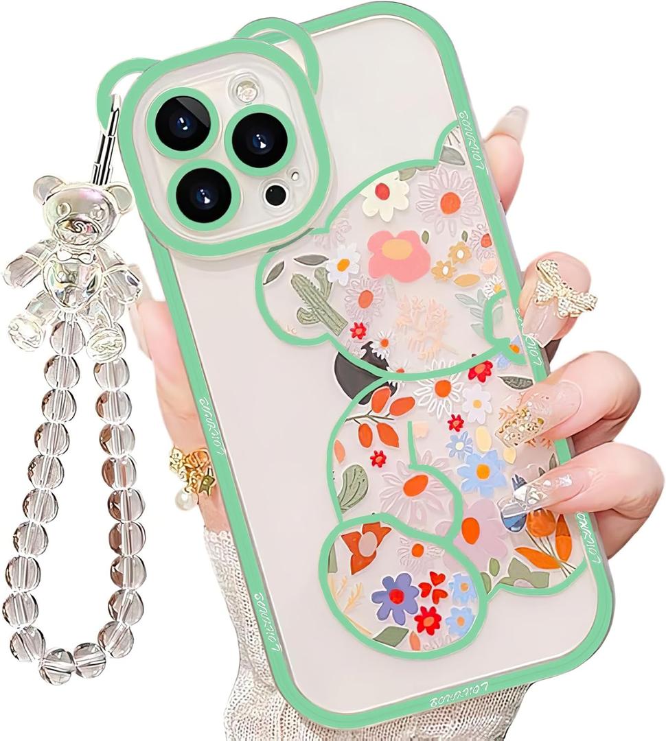 for iPhone 8 Case with Cute Flowers Bear Pattern, Camera Protector, Clear Phone Case and Lovely Strap Bracelet Chain, Compatible for iPhone 8 for Girls Women (Green)