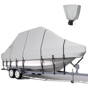 Trailerable T-Top Boat Cover 1200D Solution Dyed Hard Top/T Top Boat Cover with 21 Windproof Straps, Motor Cover (Gray, 21'-23 Long, Beam Width Up to 106")