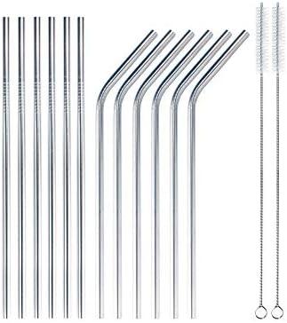 BambooMN Reusable Stainless Steel Metal Drinking Straws - 8"/8.5" (4 Thin Straight/4 Bent Straws) w/ 2x Cleaning Brushes - 8 Pack