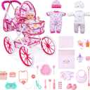 JIZHI Baby Doll Stroller with 12 Inch Dolls, 27-Piece Doll Stroller Set with Baby Doll Accessories for Pretend Play, Feeding & Bedding Playset Gift for Kids 3+